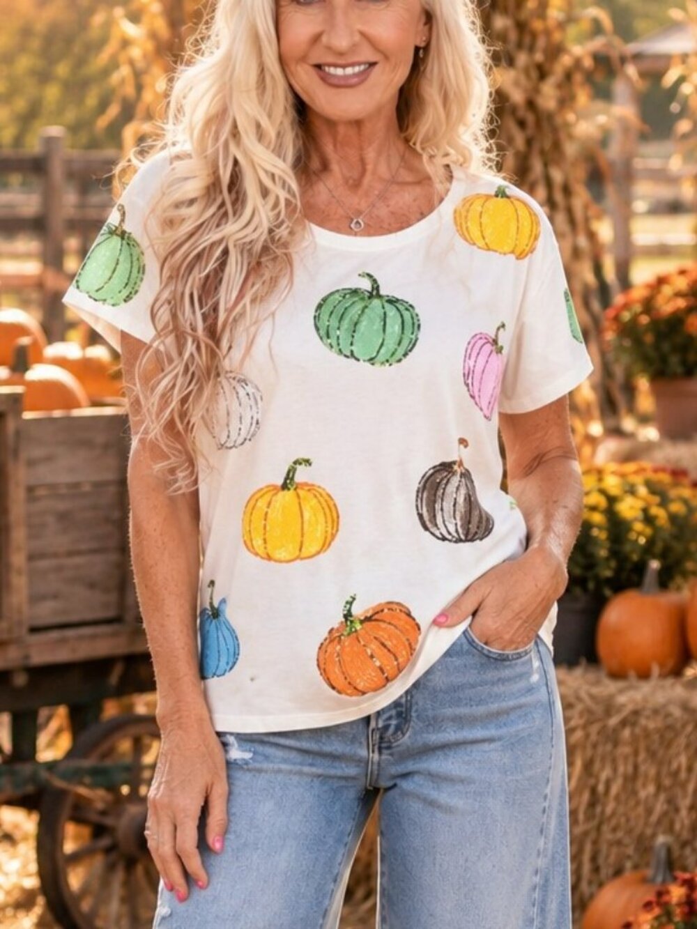 NWT Queen Of Sparkles White Scattered Multi Pumpkin Tee